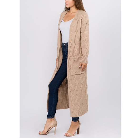 Boho Khaki Beige Chunky Cable Knit Long Cardigan Sweater Duster Coat - Picture 3 of 6